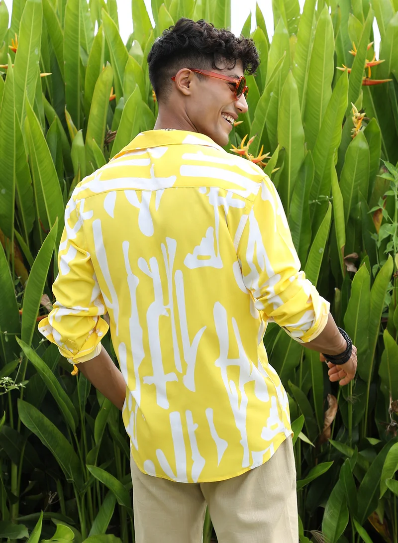 CAHOOT  Men's Lemon Yellow Abstract Print Shirt For Everyday Wear | Spread Collar |  Button Closure | Long Sleeve | Heavy Rayon Shirt Crafted With Comfort Fit For Everyday Wear for Men | Best Price UAE